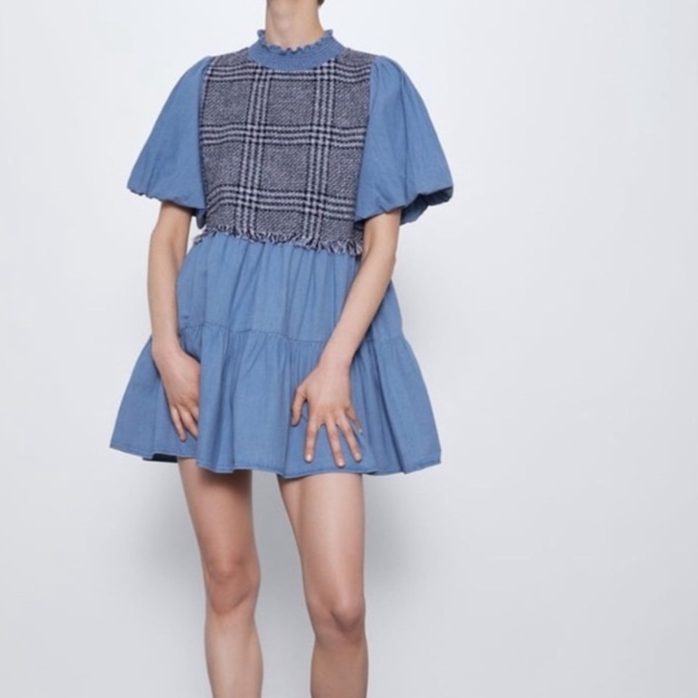 ZARA Womens Medium Blue Denim Tweed Puffy Sleeve Dress Mini M Blogger Favorite